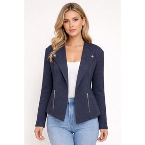Ma Griffe France Open Knit Cardigan Blazer Women 48 Large Navy‎ Ribbed Capsule